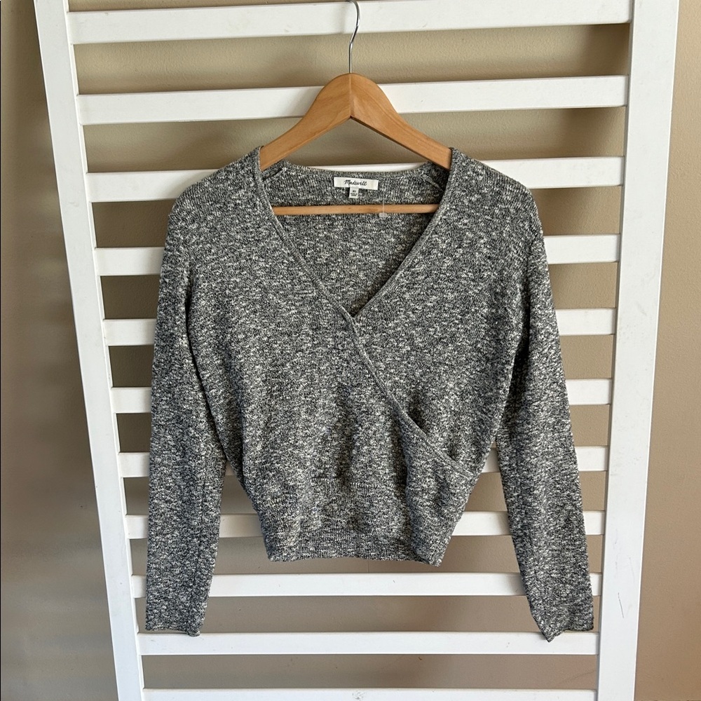 Madewell Gray Faux Wrap Ribbed Cropped Long Sleeve Sweater Size XS